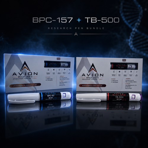 Avion BioLabs BPC-157 and TB-500 research pen bundle with branded boxes and prefilled pens