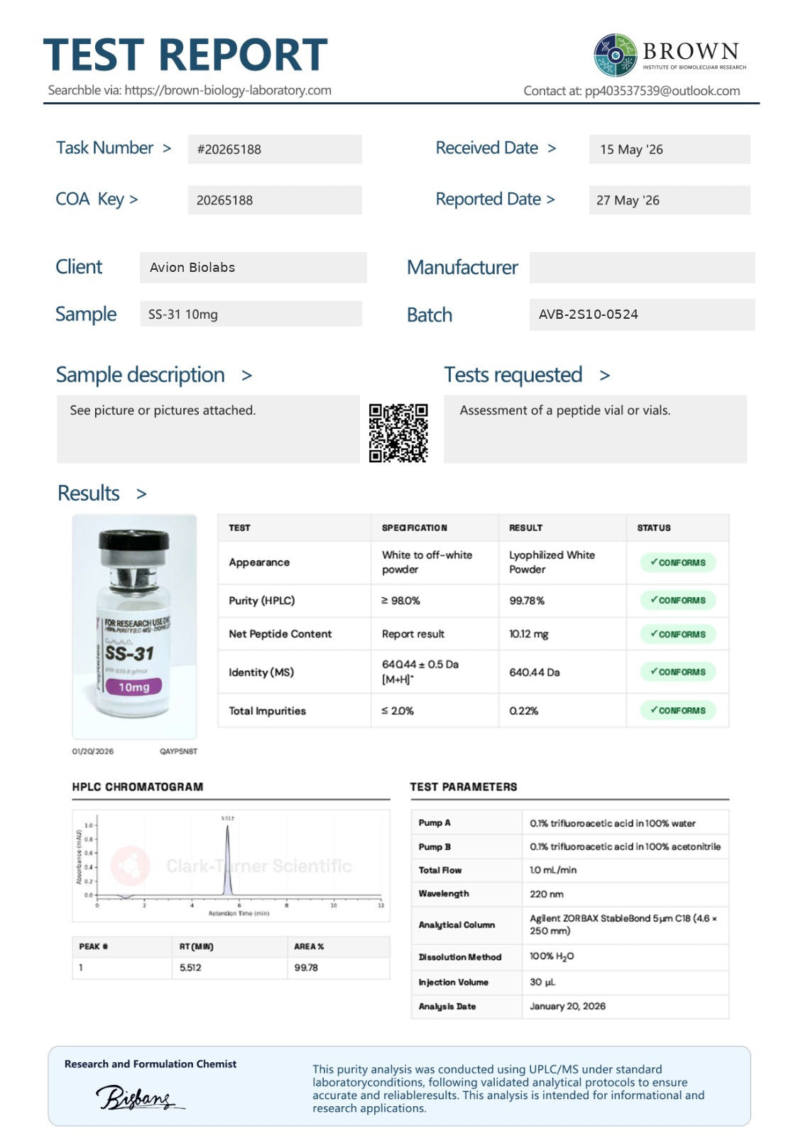 SS-31 10mg UK Stock Mitochondrial Research Peptide Avion BioLabs
